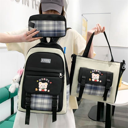 Modern Plaid Nylon Backpack Three-piece Set