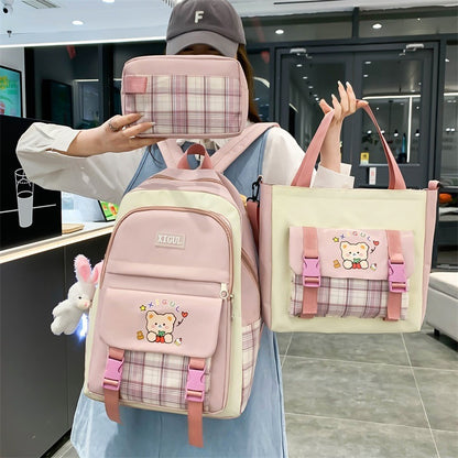 Modern Plaid Nylon Backpack Three-piece Set